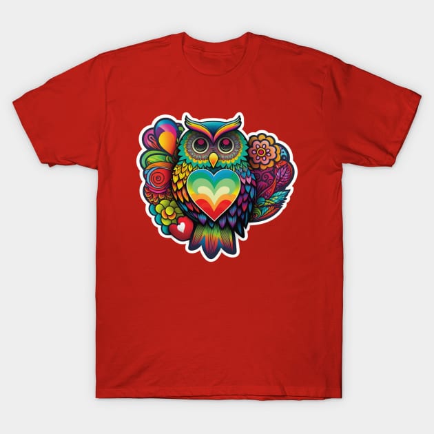 Groovy Psychedelic Owl in Red T-Shirt by TheArtfulAllie